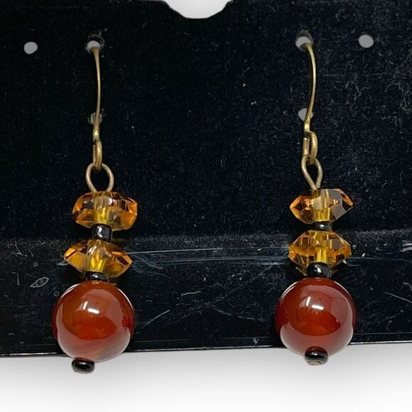Vintage Amber and Gold Tone Beaded Drop Dangle Earrings - Picture 8 of 8